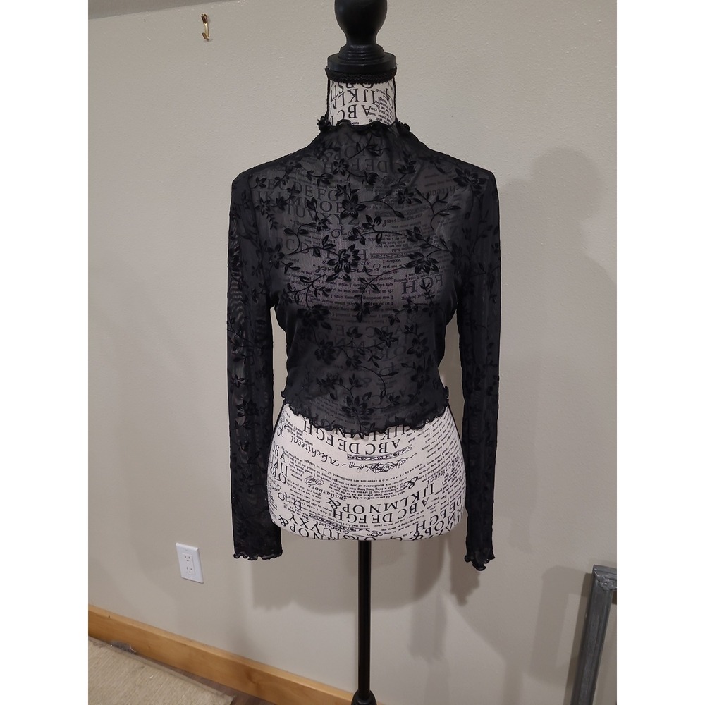 Gothic Romanc Women SZ S Blk Floral Sheer velvet burnout lettuce hem layer top